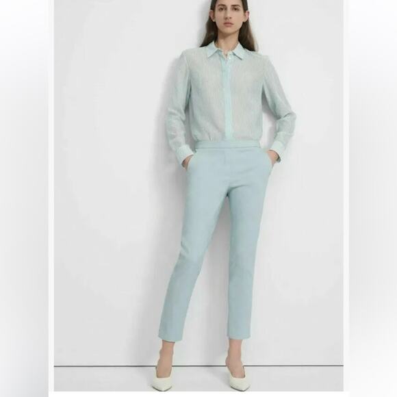 NEW Theory Linen Blend‎ Sky Blue Treeca Pull On Pants Women's 16 Eco Crunch Wash - Picture 2 of 16